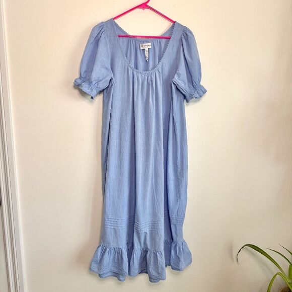 Apiece Apart 100% Cotton Ruffled Hem Midi Dress - Light Blue | Size XS/S - Picture 1 of 9